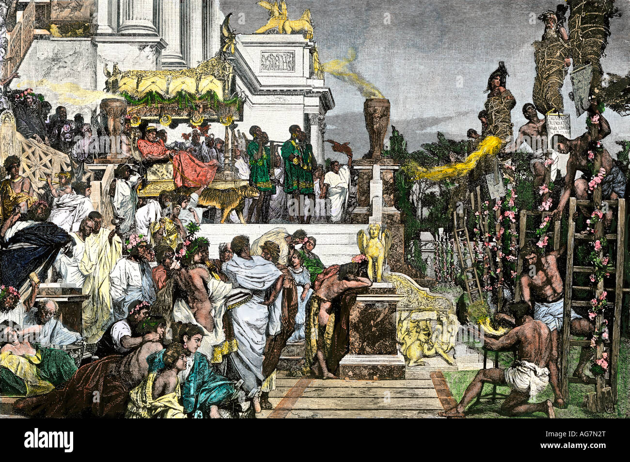 Der römische Kaiser Nero Burning Christen als Fackeln. Hand - farbige Holzschnitt Stockfoto