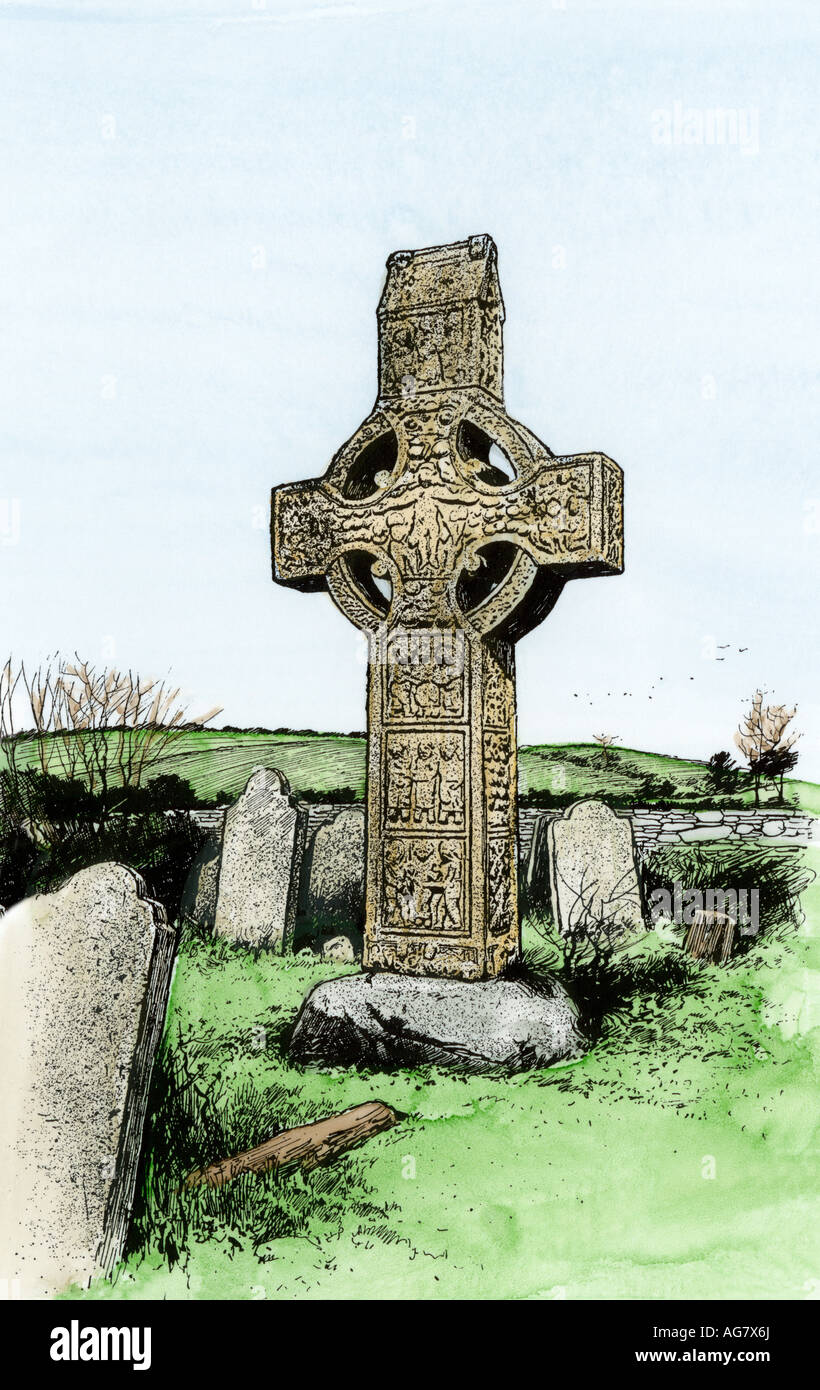 Sun wheel Celtic Cross in Monasterboice Irland. Hand - farbige Holzschnitt Stockfoto