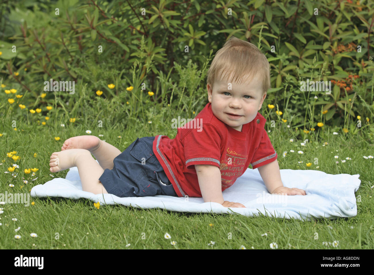 ein Jahr alt kleines Kind auf einer Decke in einem Garten, Deutschland Stockfoto