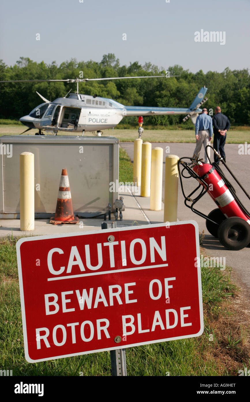 Virginia Beach, Polizeibehörde, Hubschrauber, Warnschild, Vorsicht Rotorblatt, VA070612006 Stockfoto