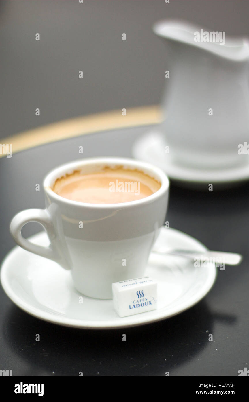 Eine Tasse Café au Lait serviert im Café La Rotonde in Paris, Frankreich. Stockfoto