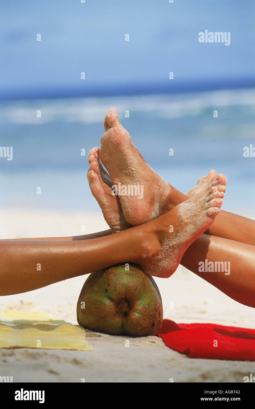 Vier sandigen Füßen ruht auf Kokosnuss am tropischen Strand.   Die idyllischen Urlaub Position. Stockfoto