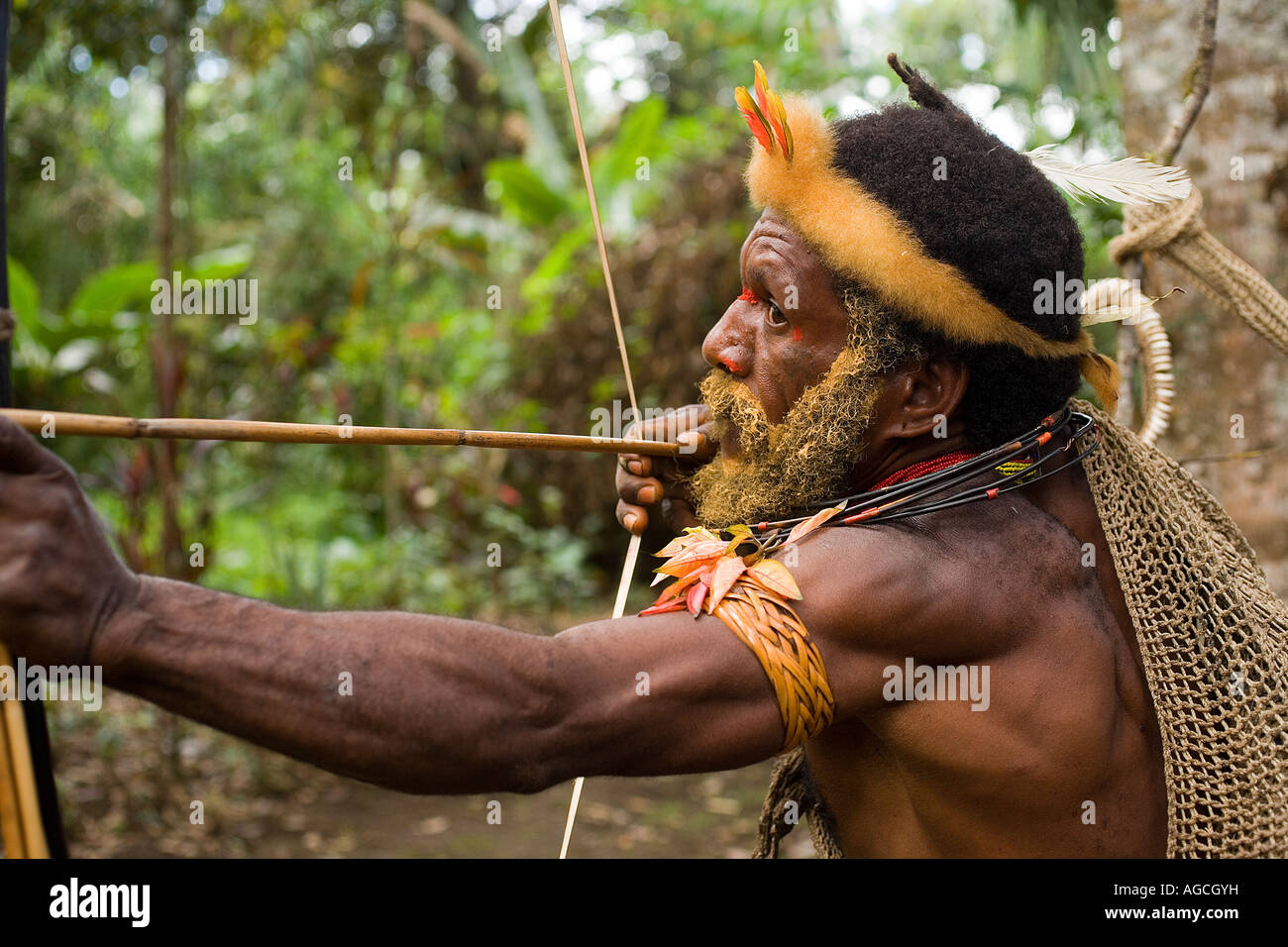 Huli Stammesangehörige schießen einen Bogen, den Highlands, Papua Neuguinea Stockfoto