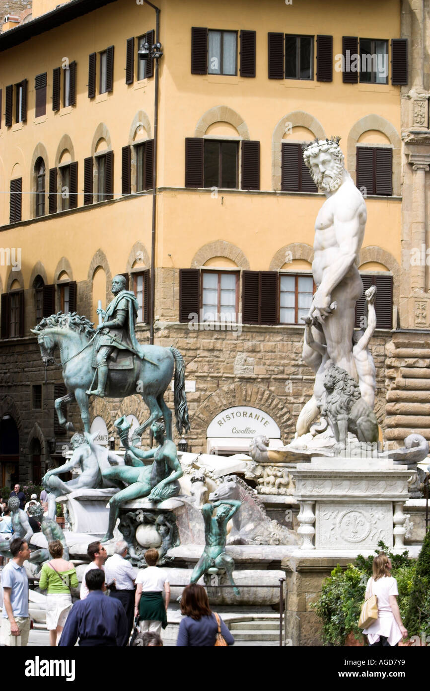 Neptun und der Großherzog Cosimo die erste in der Piazza Dell Signoria, Florenz, Italien. Stockfoto