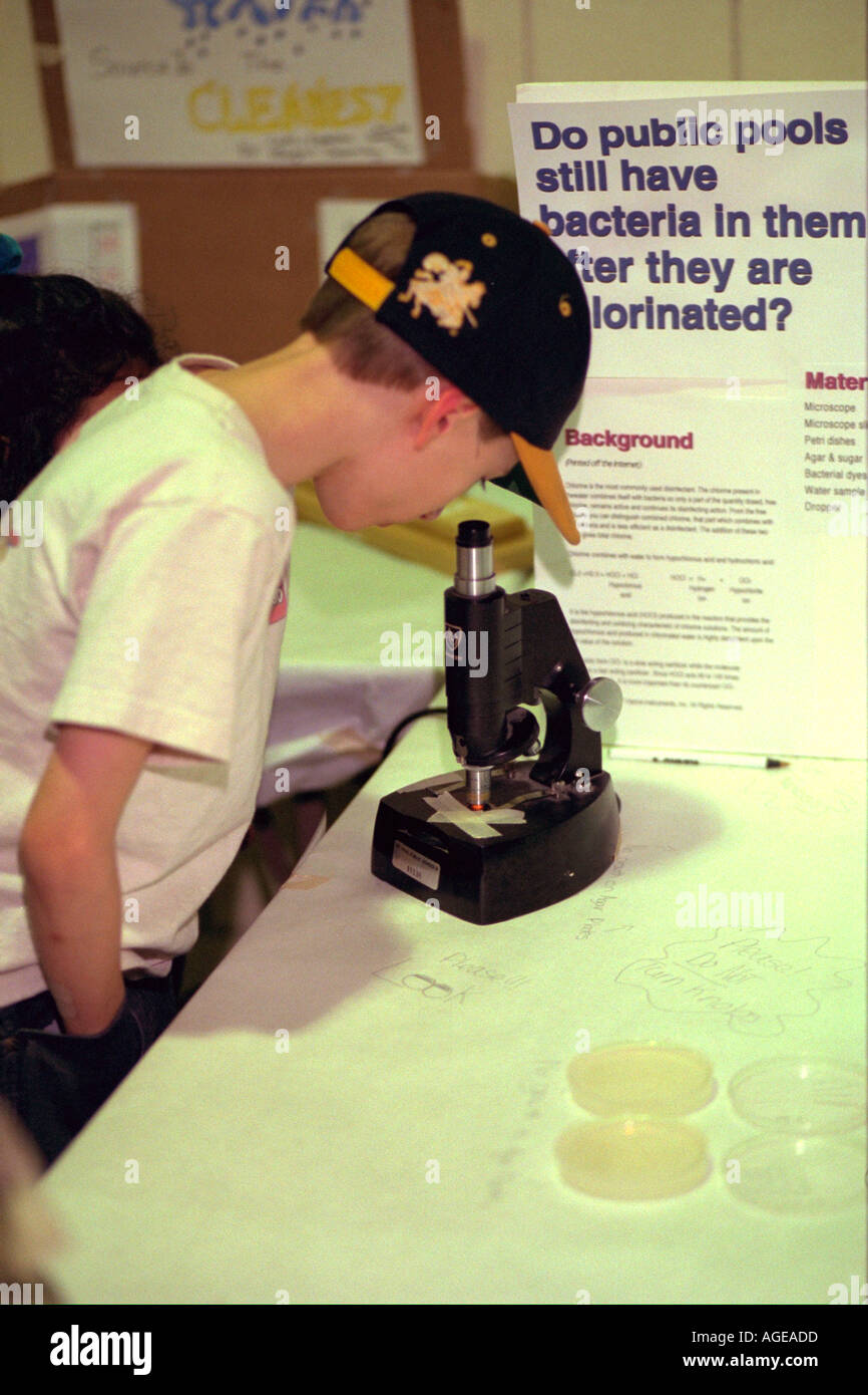 Jungen Alter 7 Durchsicht Mikroskop in Groveland Schule Grundschule Science Fair. St Paul Minnesota USA Stockfoto