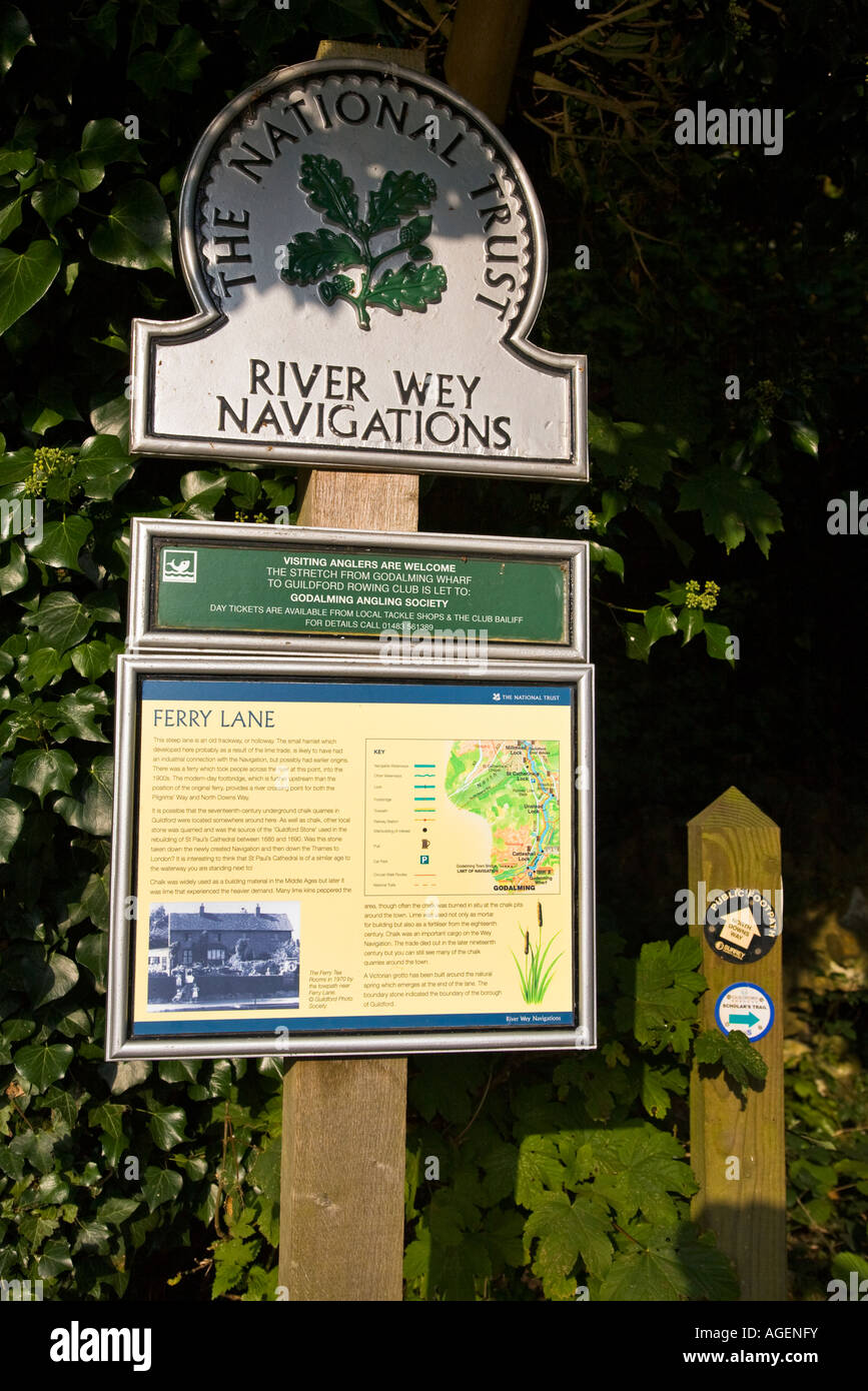 Fluss Wey Navigation Canal Zeichen in der Nähe von Guildford Surrey UK 2007 Stockfoto