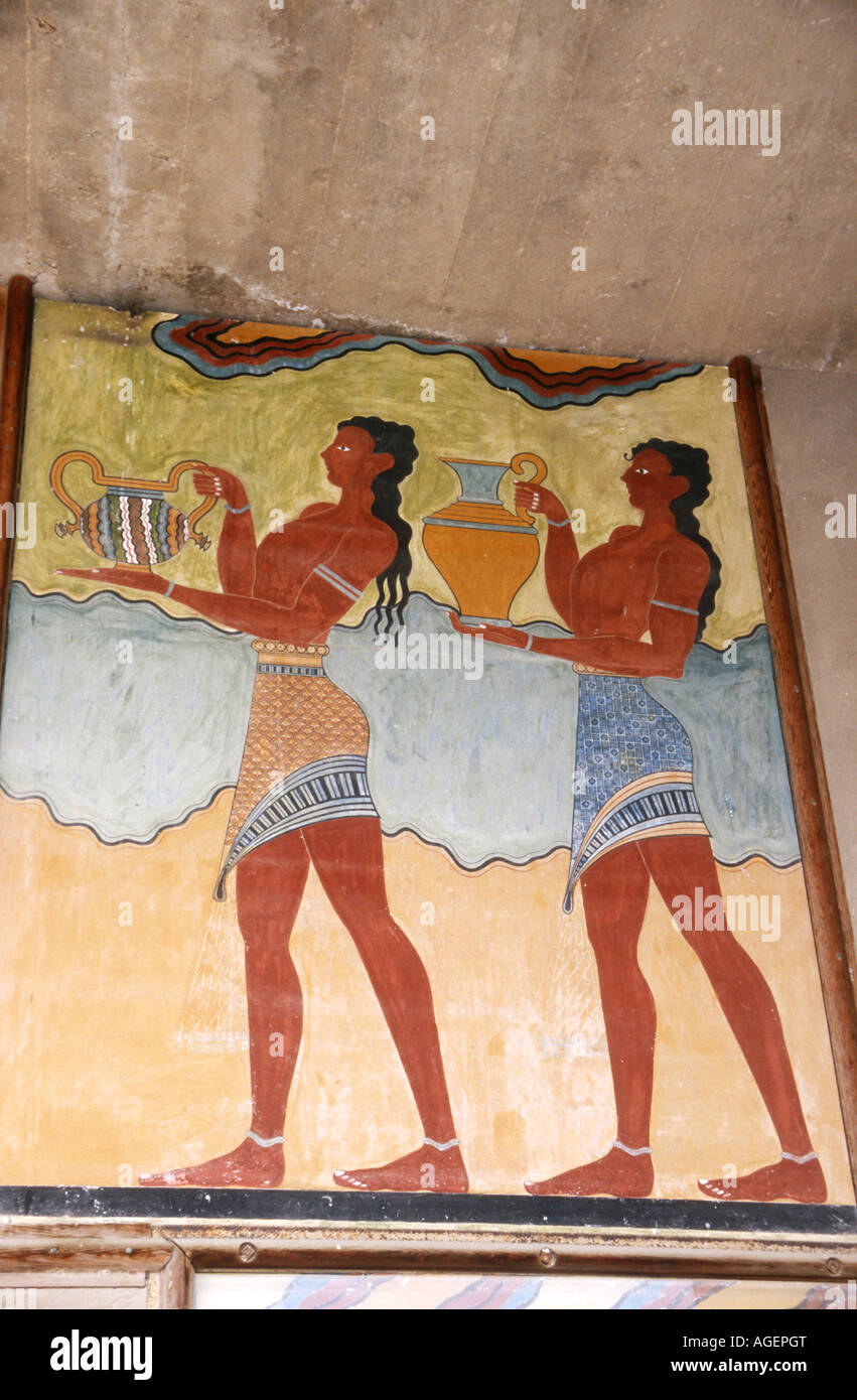 Farbenfrohe Fresko an einer Wand at'Knossos Teil der Ruinen des Palastes von König Minos, Kreta Griechenland Stockfoto