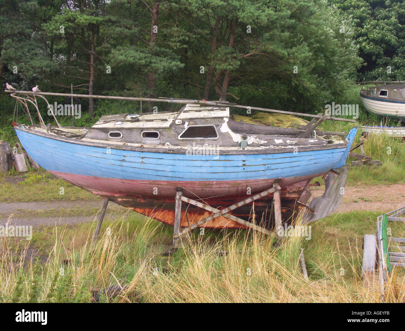 Altes Boot mit blauen Rumpf auf dem land Stockfoto