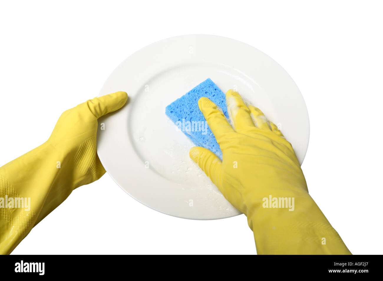 Hände in Gummihandschuhen Waschen der Platte Stockfoto