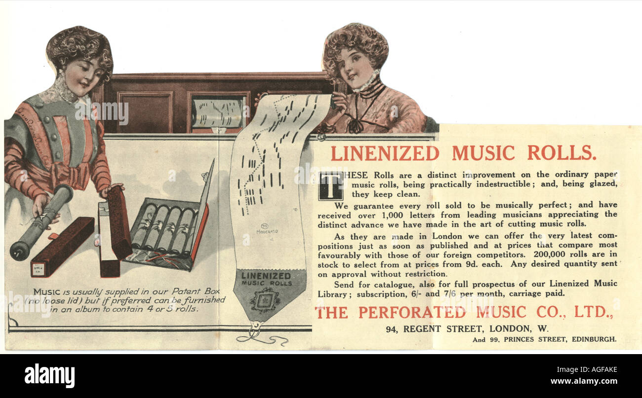 Würfel geschnittenen Werbeprospekt für Pianola Musik rollt um 1900 (Verso) Stockfoto