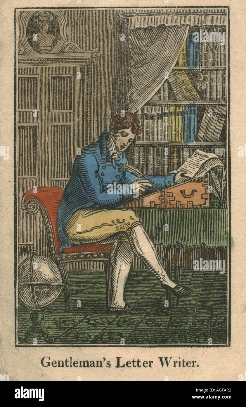 Handcolorierte Holzschnitt von Regency Gentleman einen Brief schreiben circa 1818. Frontispiz des Gentleman Universal Briefschreiber mit Buchstaben Stockfoto