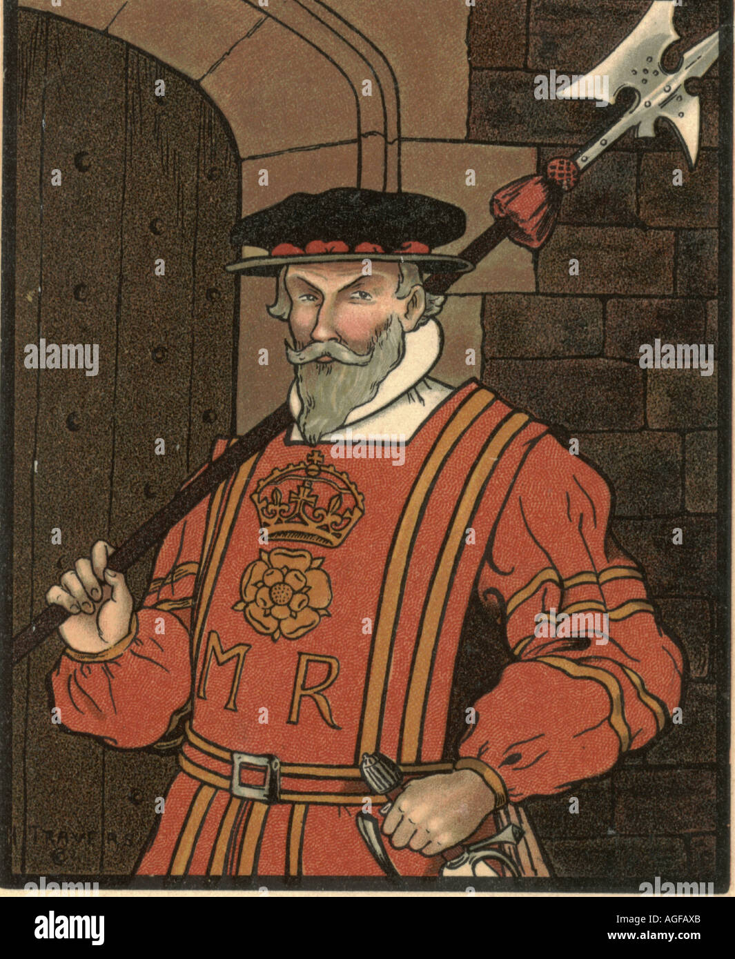 Chromolithographed Gruß-Postkarte eines Yeoman Of The Guard um 1910 Stockfoto