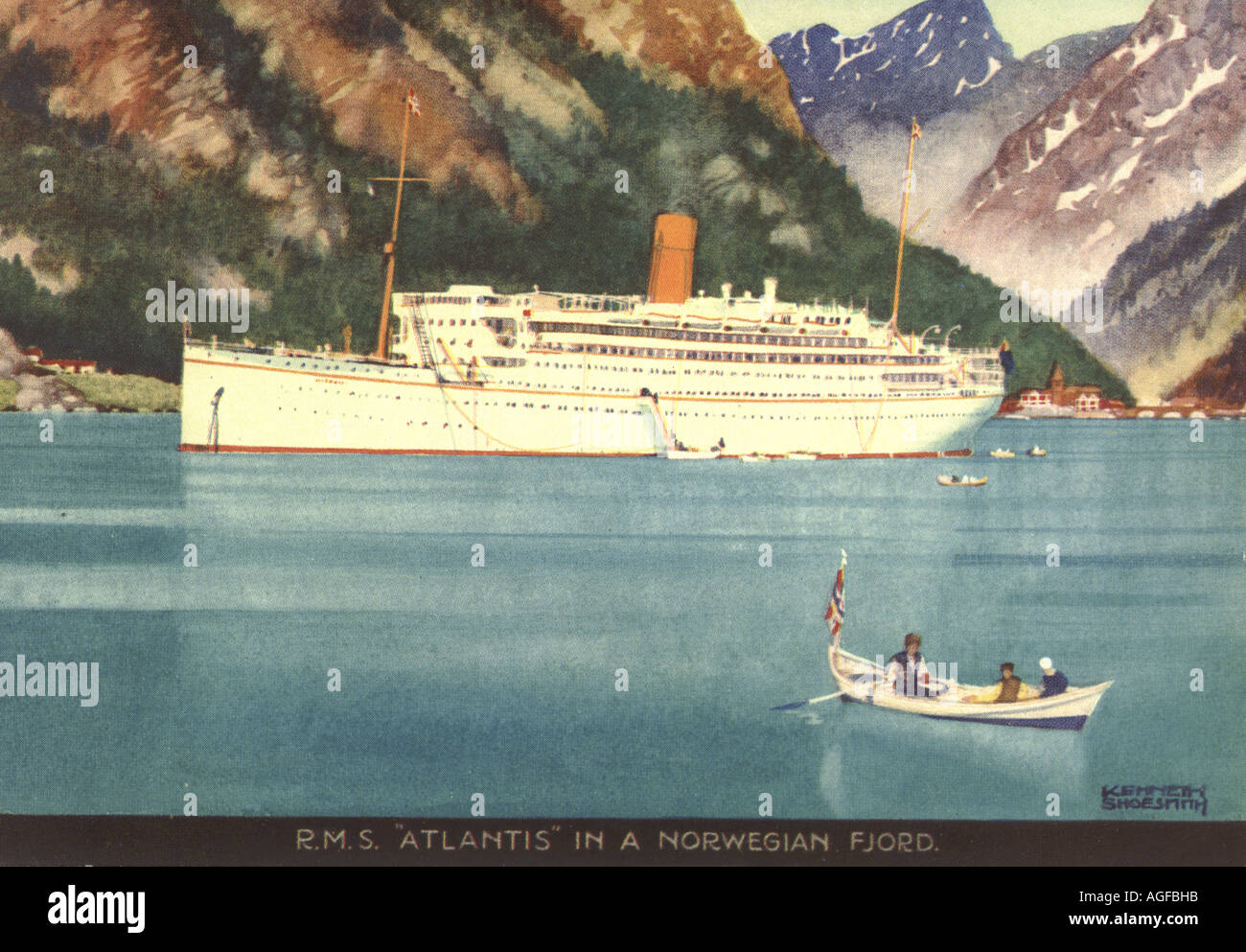 Royal Mail Lines Gruß Postkarte von RMS Atlantis vom Künstler Kenneth Shoesmith um 1930 Stockfoto