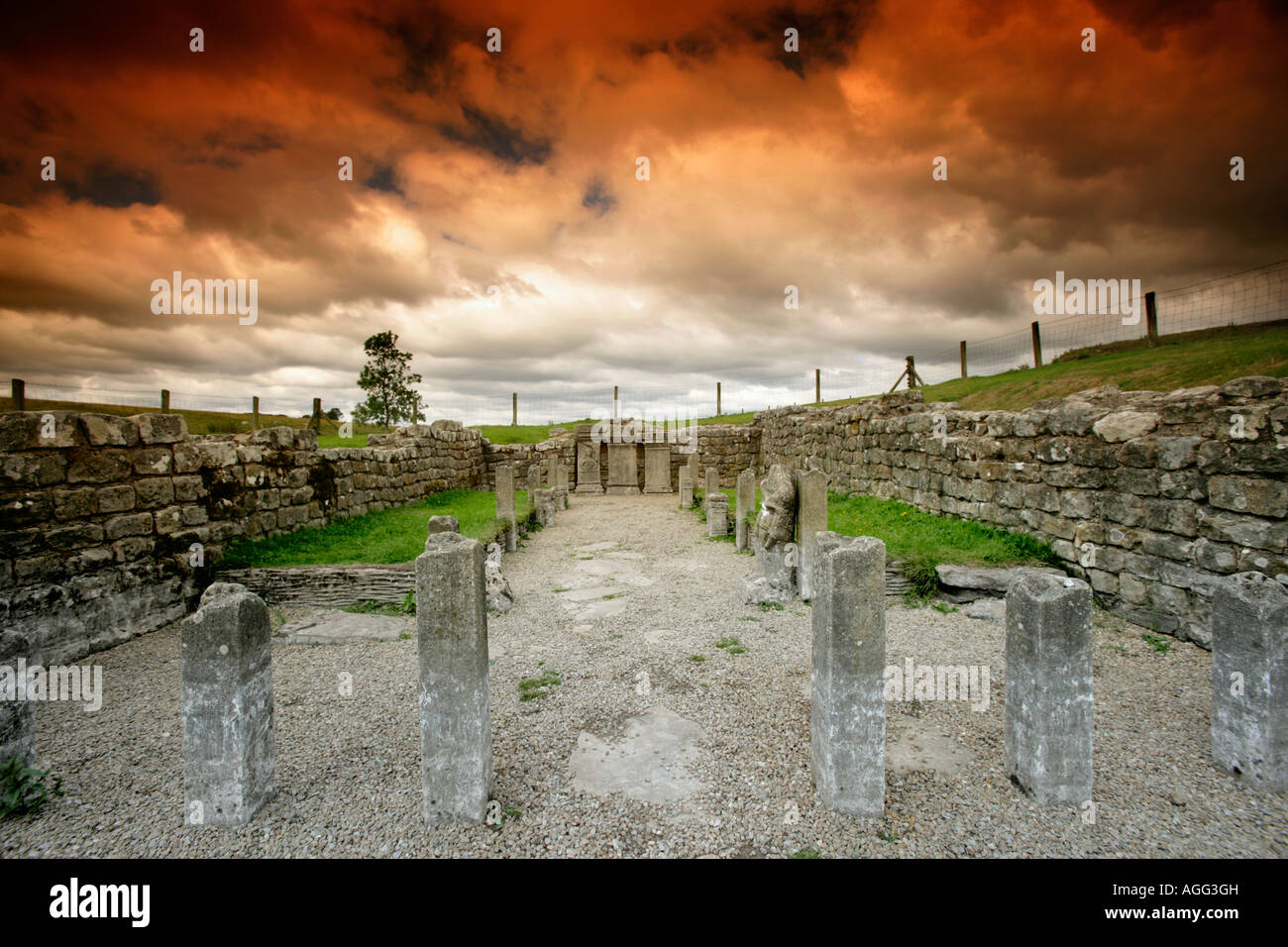 Römische Tempel des Mithras bei Carrawburgh oder Brocolitia, Hadrianswall, Northumberland, UK Stockfoto