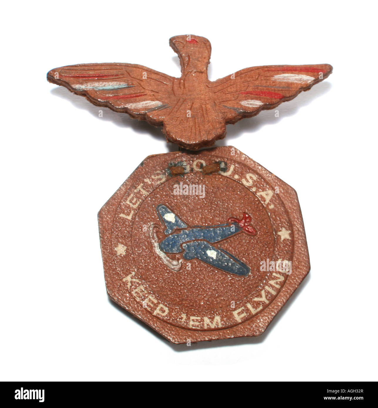 Lasst uns USA Keep Em fliegen Leder Pin ca. Zweiter Weltkrieg Stockfoto