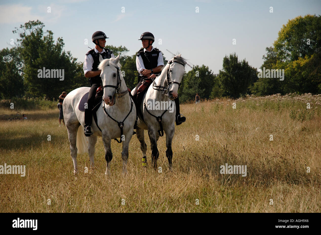 Zwei montiert Polizisten patrouillieren Lambeth Country Fair in Südlondon. Stockfoto