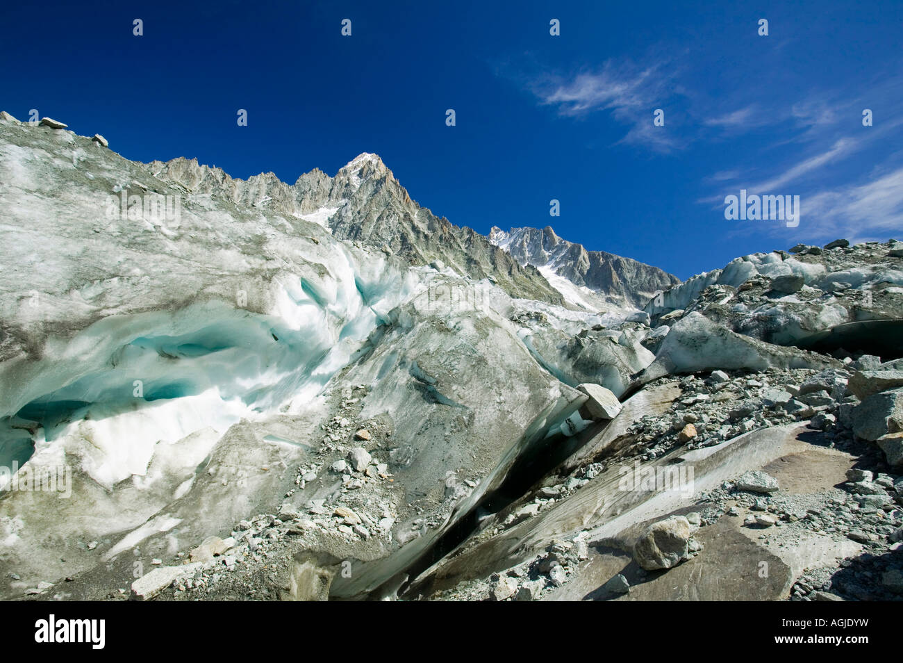 die Schnauze des Gletschers Argentiere wie die meisten Alpengletscher, die es rasch aufgrund der globalen Erwärmung Chamonix Frankreich Rückzug ist Stockfoto