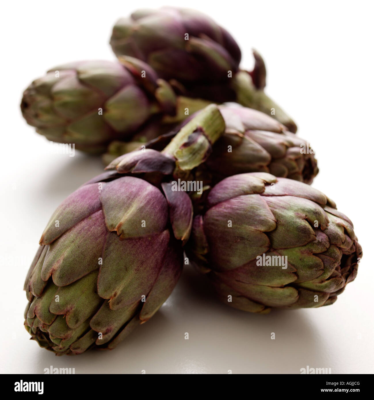 Vier ganze Artischocken auf weißem Hintergrund Stockfoto