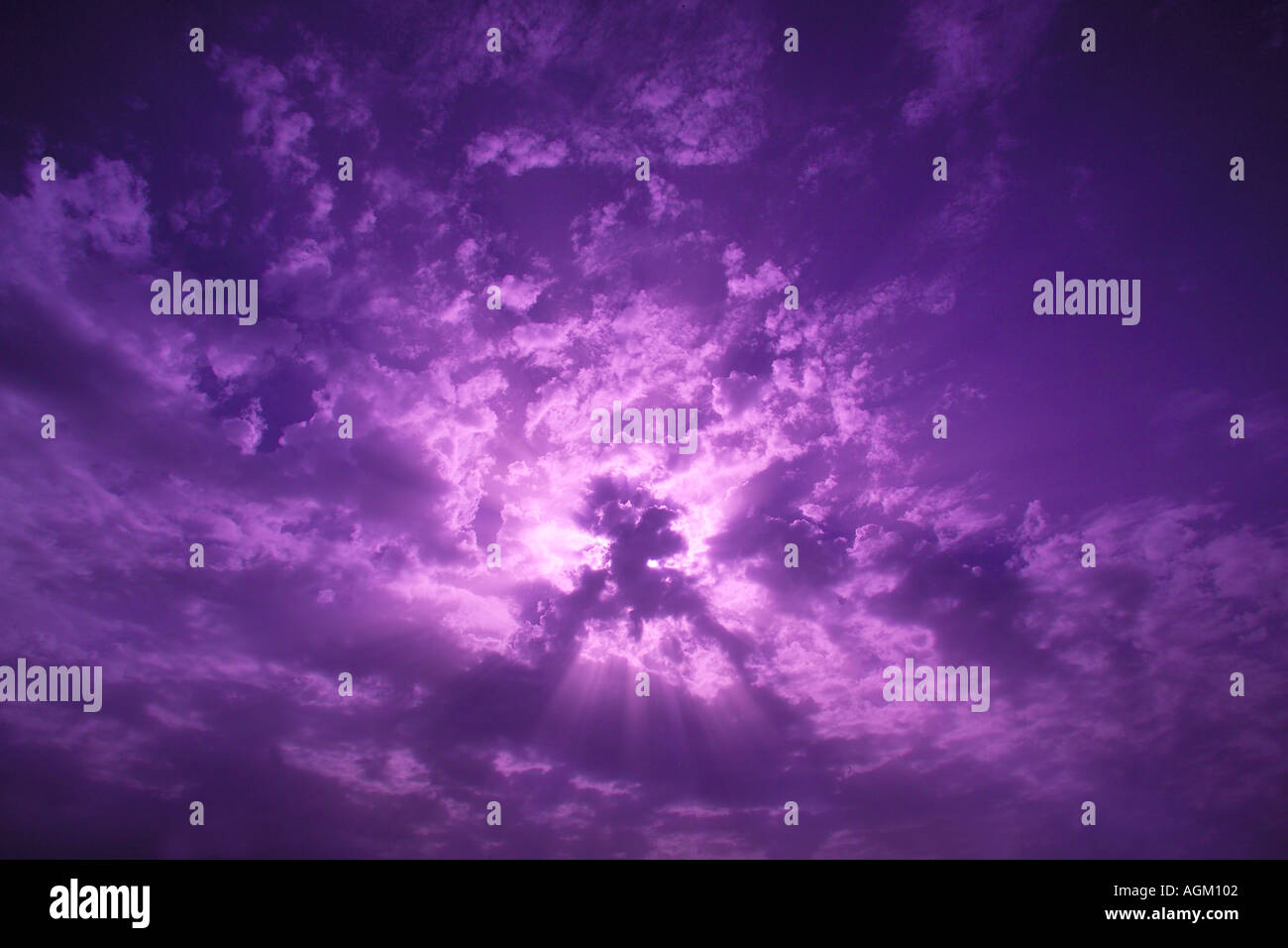 die untergehende Sonne am lila Himmel Stockfoto