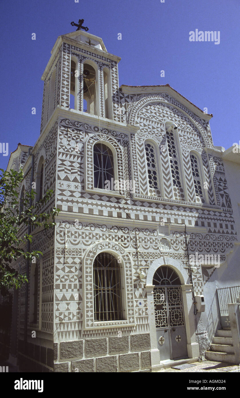 Graffito verziert Kirche im Dorf Pyrgi auf Chios Griechenland Stockfoto