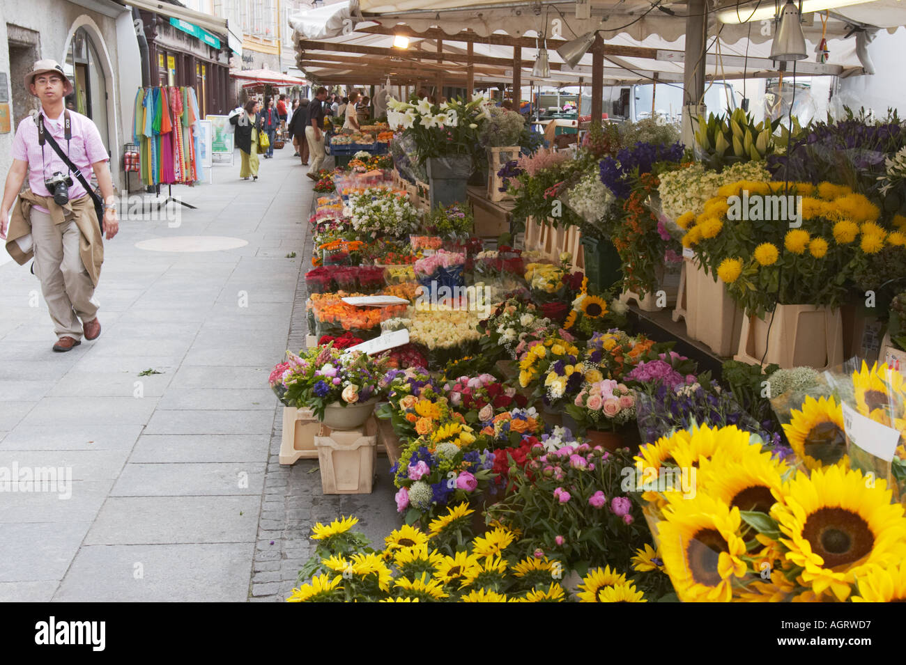 Eine Auswahl an frischen Blumen fĂŒr den Verkauf am GrĂŒnen Markt in der