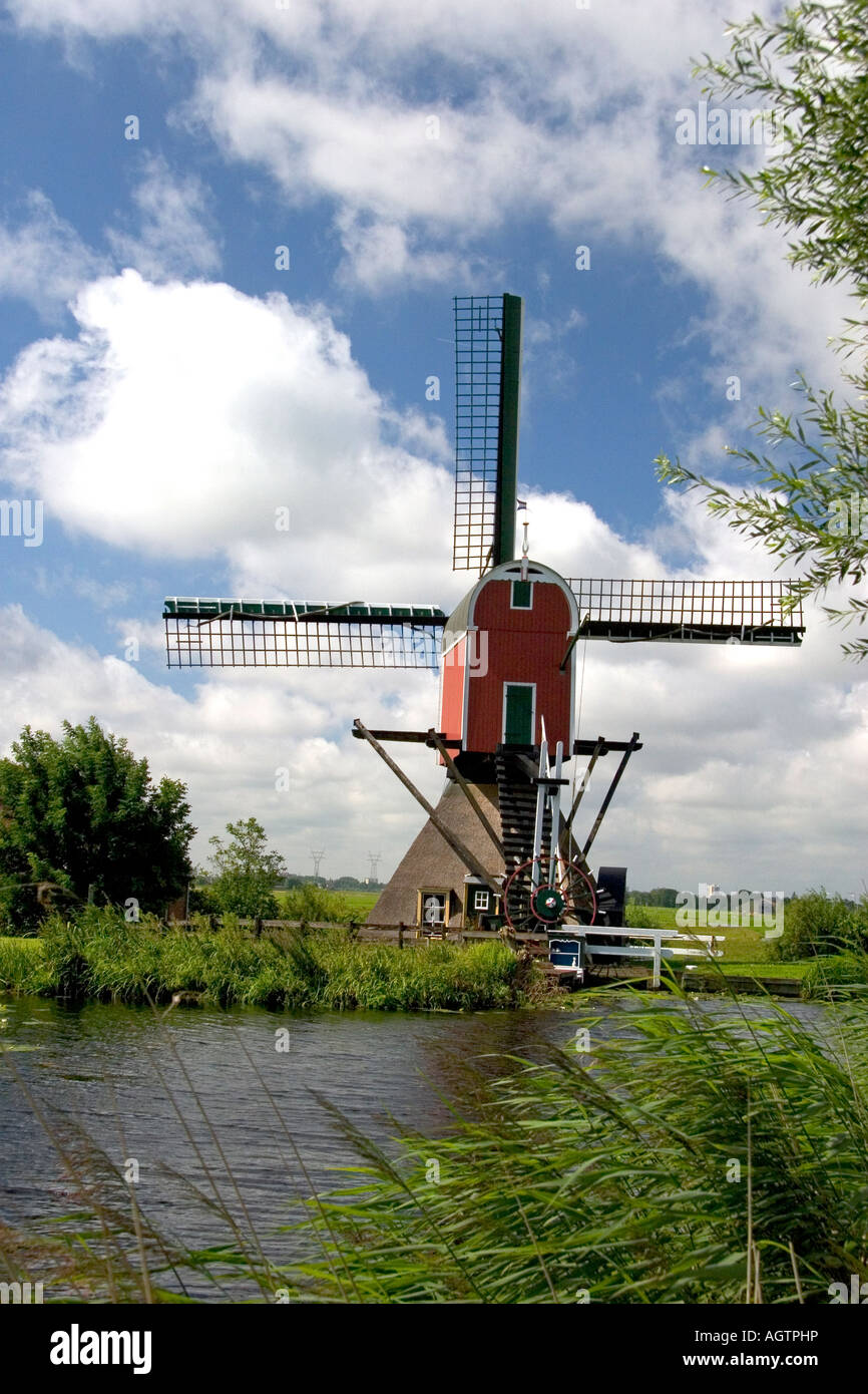 Windmühle an einem Kanal östlich von Leiden in der Provinz Süd-Holland Niederlande Stockfoto