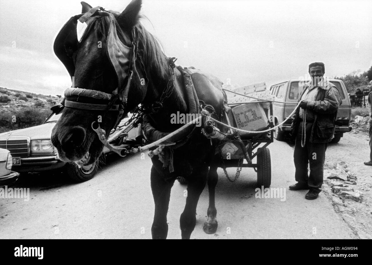 Ein palästinensischer Dorfbewohner mit einem Pferdewagen in eine Straßensperre in der Westbank Israel Stockfoto