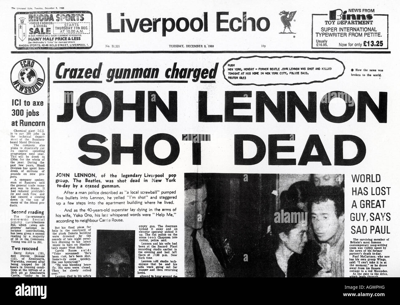 JOHN LENNON Mord am 8. Dezember 1980 macht Titelseite Bericht in Liverpool Echo Stockfoto