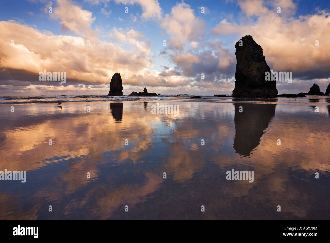 Dies ist eine Aufnahme von Haystack Rock und die Nadeln aufgenommen kurz nach Sonnenaufgang am Küste von Cannon Beach, Oregon, USA Stockfoto