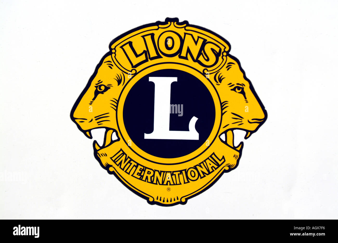 Abzeichen Logo Lions Club Gesellschaft gelb blau Stockfotografie