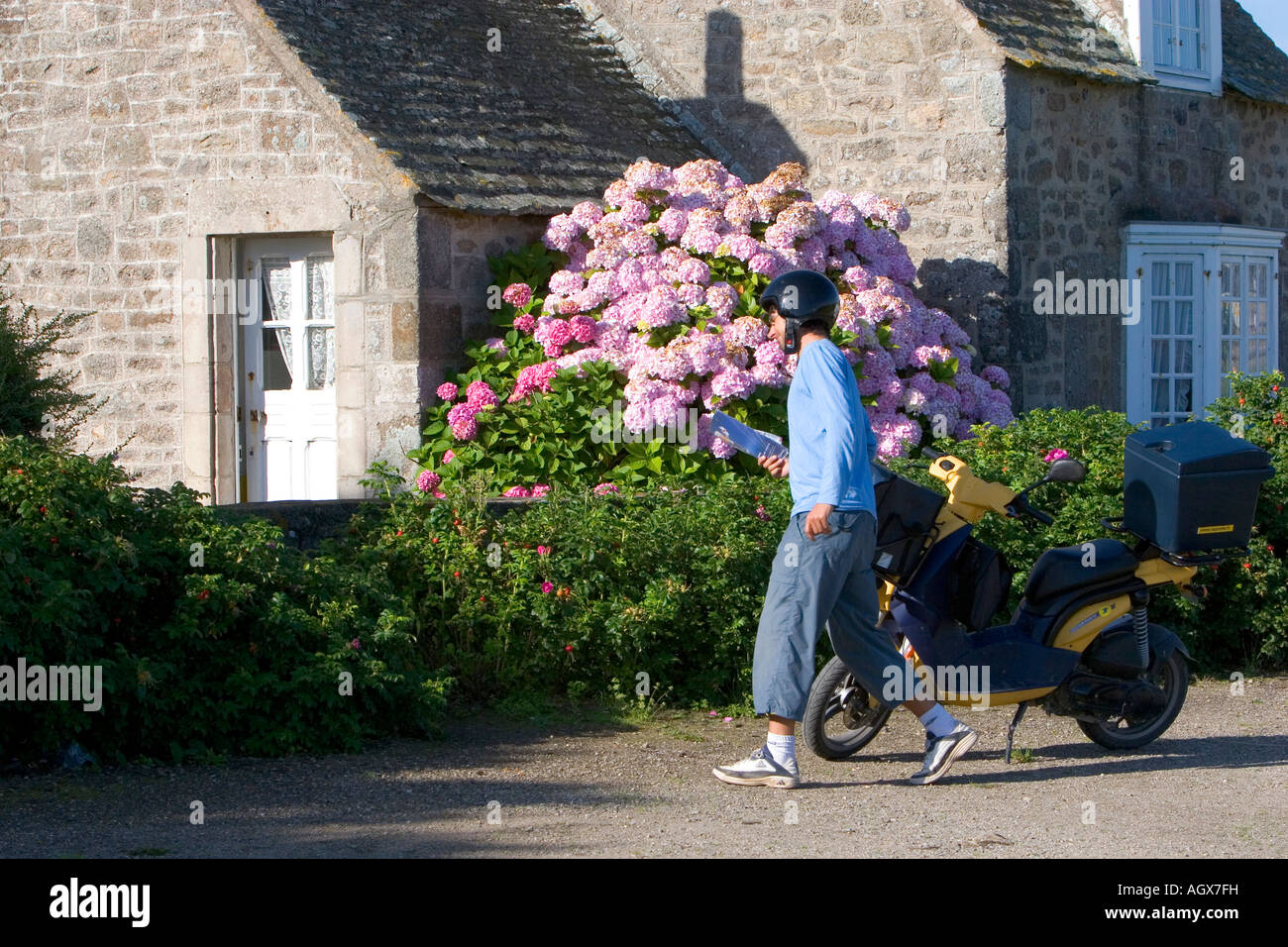 Französischer Briefträger Zustellung zu einem Haus in der Gemeinde von Barfleur in der Region Basse-Normandie-Frankreich Stockfoto