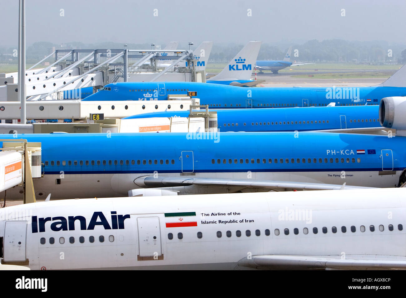 Flugzeuge parken am Flughafen Schiphol in Amsterdam Niederlande Stockfoto