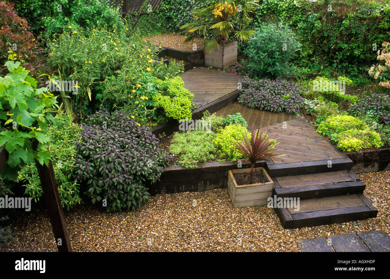 Terrassenförmig angelegten Garten Decking Schritte Ebenen Kies Design Container Pflanzen kleine Bäume Stockfoto