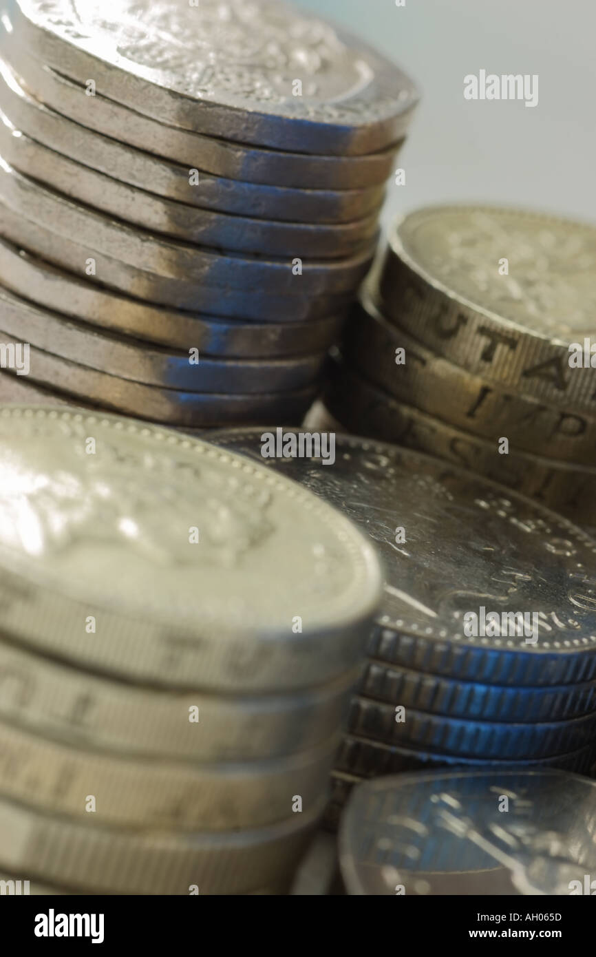 Spalten der UK-Münzen Stockfoto