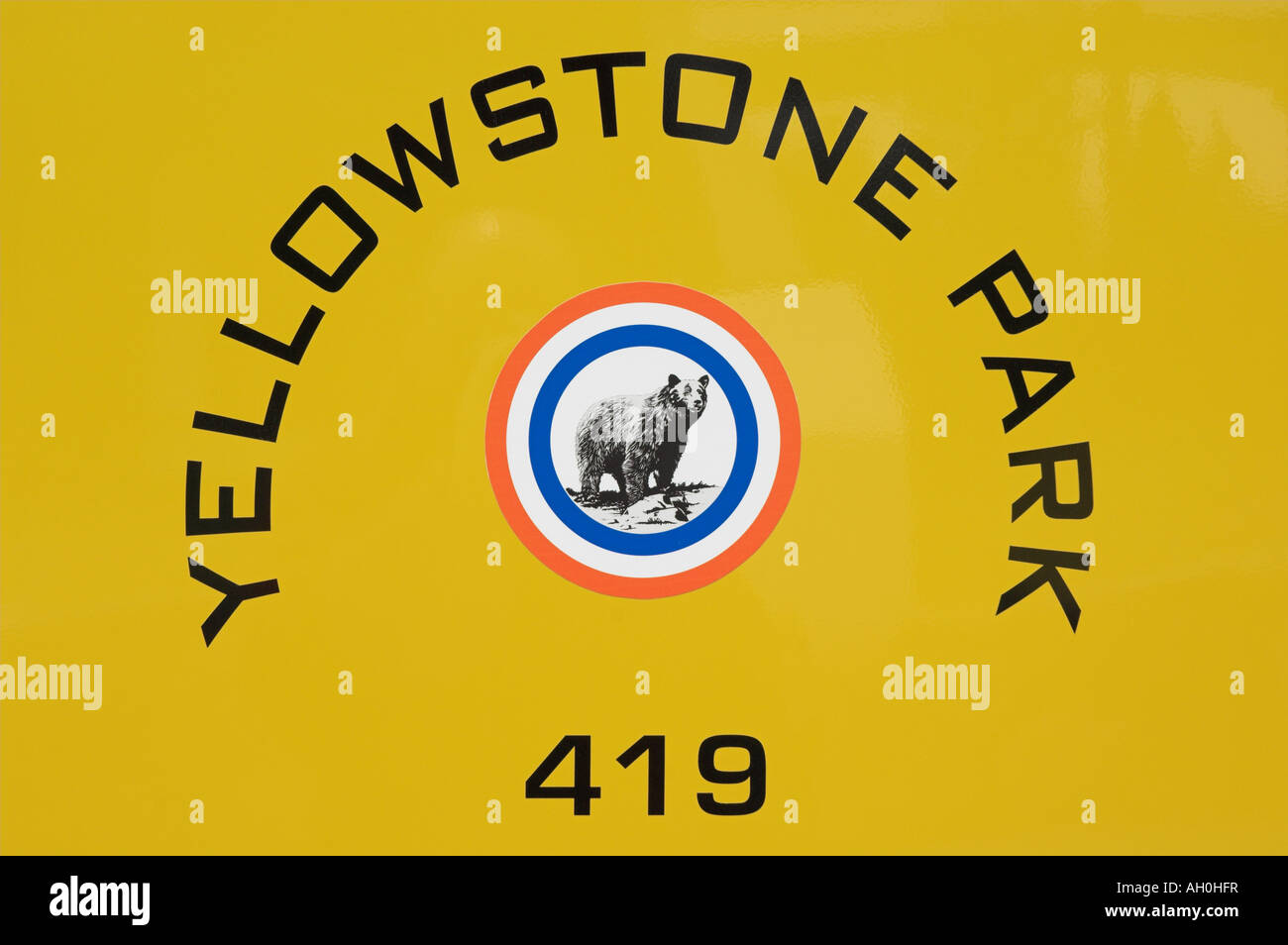 Yellowstone Tour Bus Seite Logo Yellowstone national park Wyoming Usa Vereinigte Staaten von Amerika Stockfoto