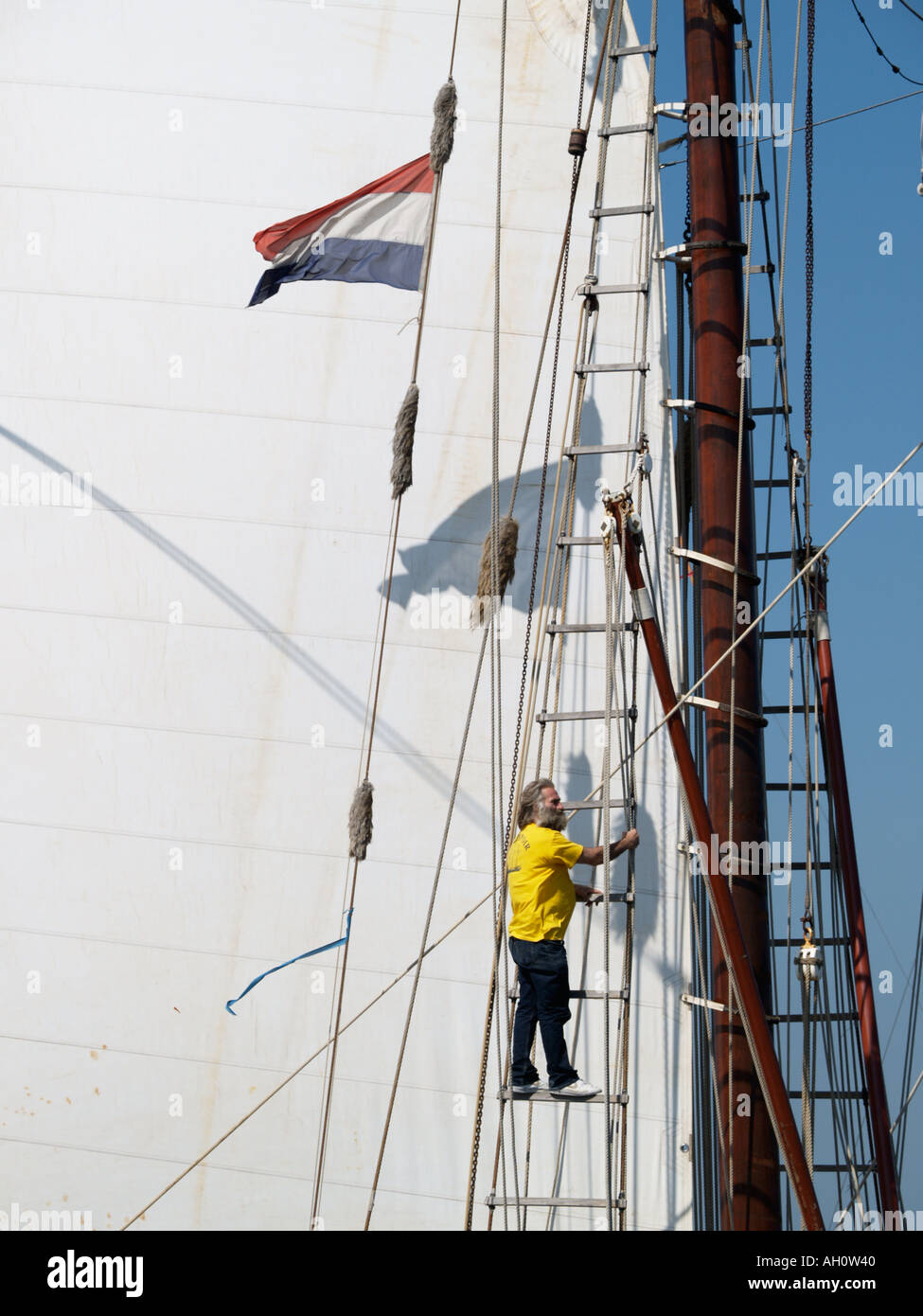 Bärtiger Seemann des Schoners geschickt Bel Espoir II empor mit Segel und niederländische Flagge im Hintergrund beschossen Sail Amsterdam 2005 Stockfoto