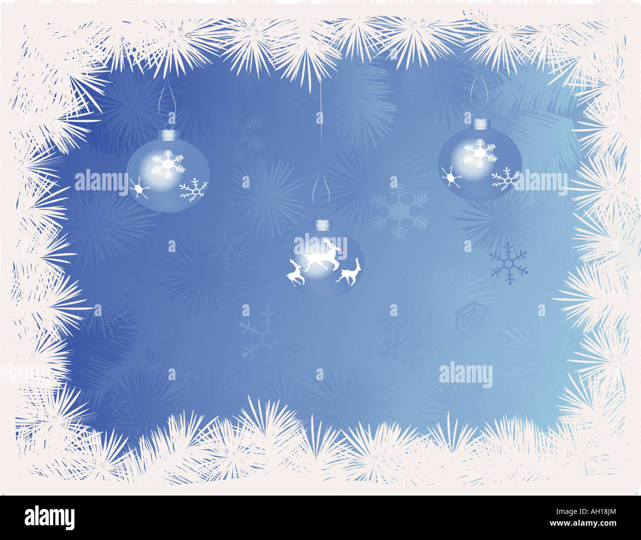Blaue Christbaumkugeln gegen einen blauen Hintergrund mit Schneeflocken Stockfoto
