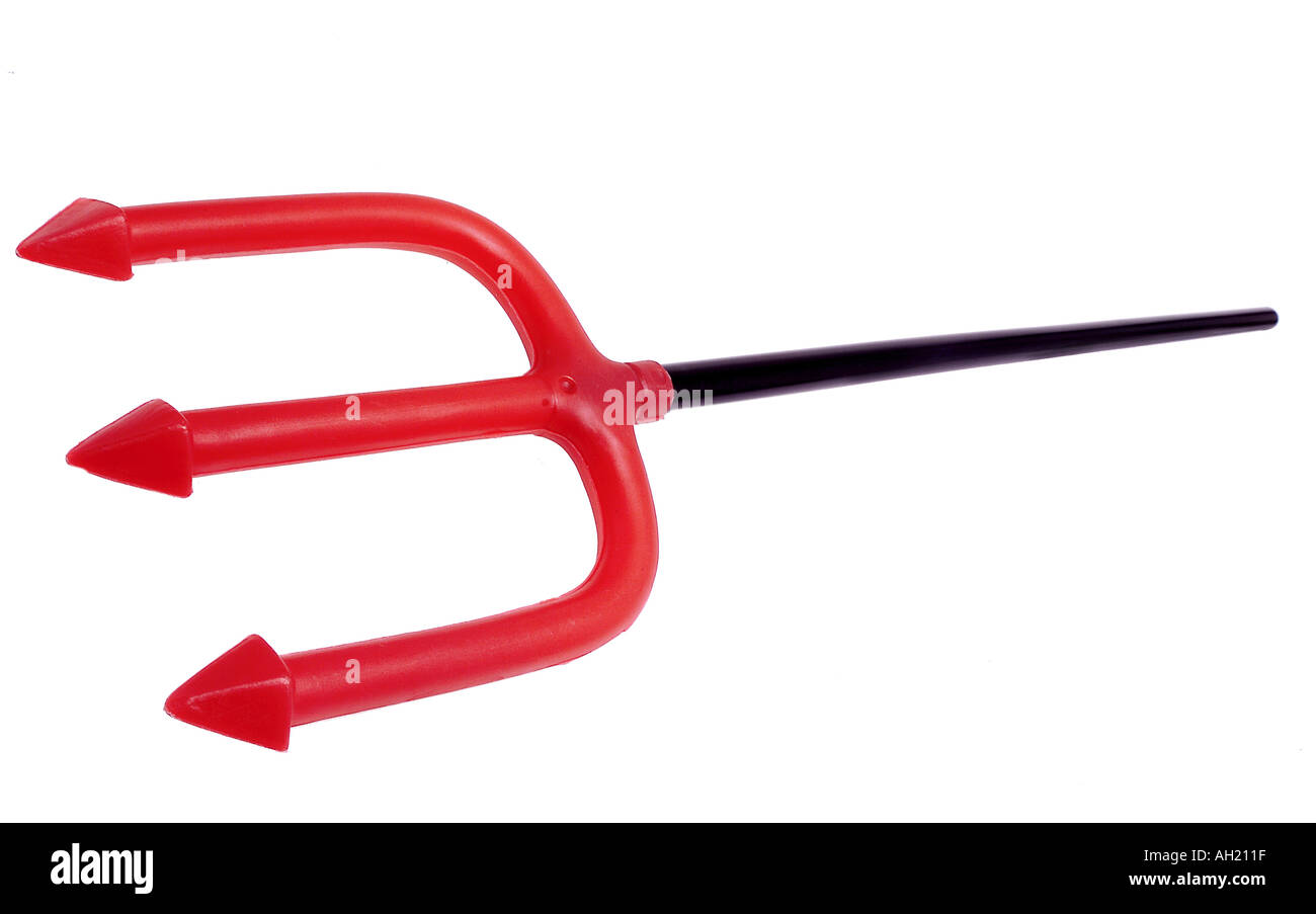 roten und schwarzen Kunststoff-Spielzeug des Teufels Heugabel Silhouette auf weißem Hintergrund Stockfoto