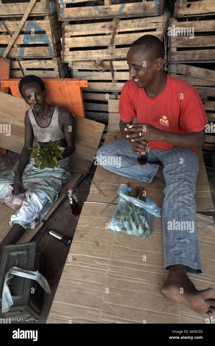 Männer Kauen von Khat in Dschibuti-Stadt, Djibouti, Afrika Stockfoto