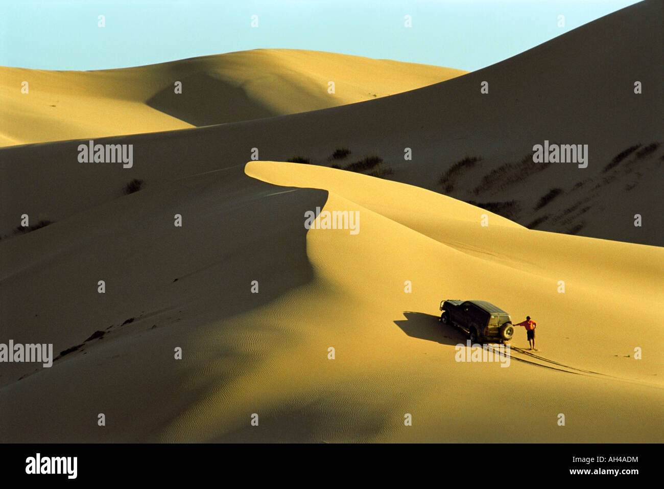 Ein Jeep auf der Sanddüne. Khongoryn Els. Süd-Gobi Wüste. Mongolei Stockfoto