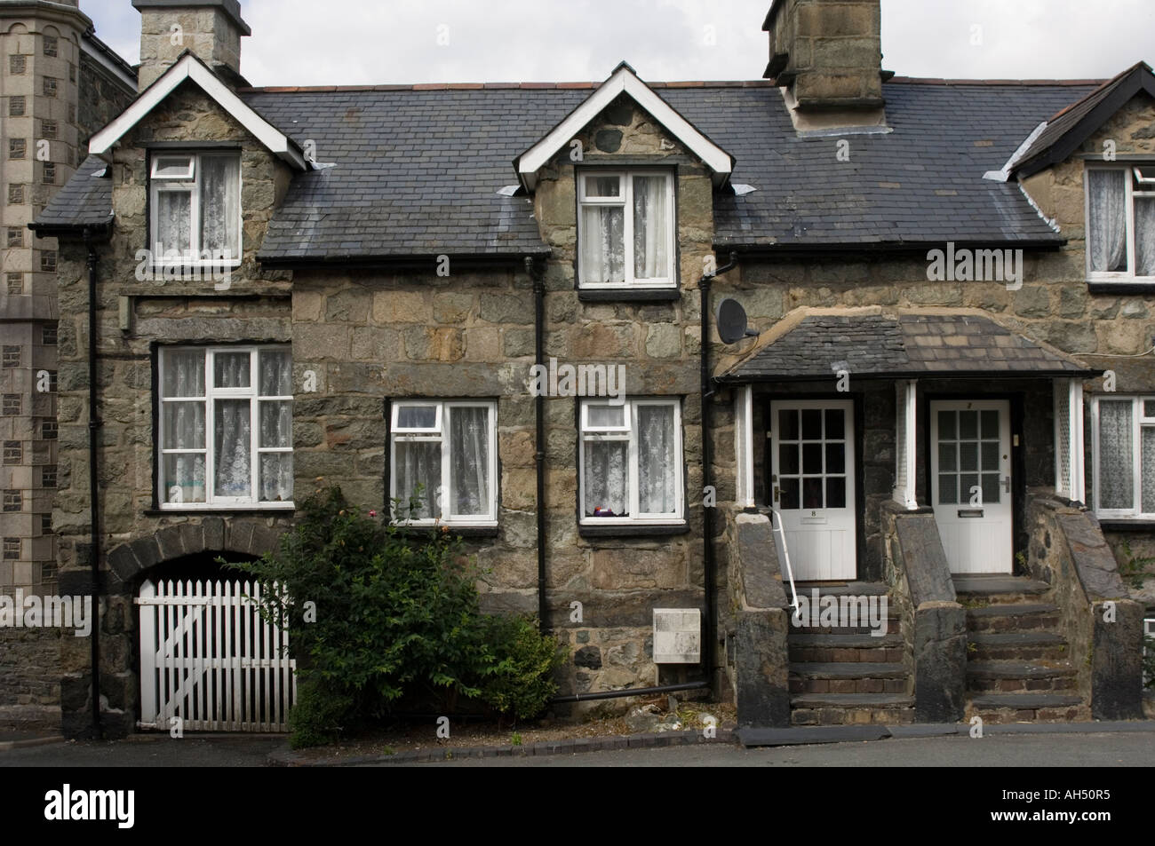 Traditionelle Häuser Stein gebaute Ortszentrum Snowdonia Gwynedd Nord-wales Stockfoto