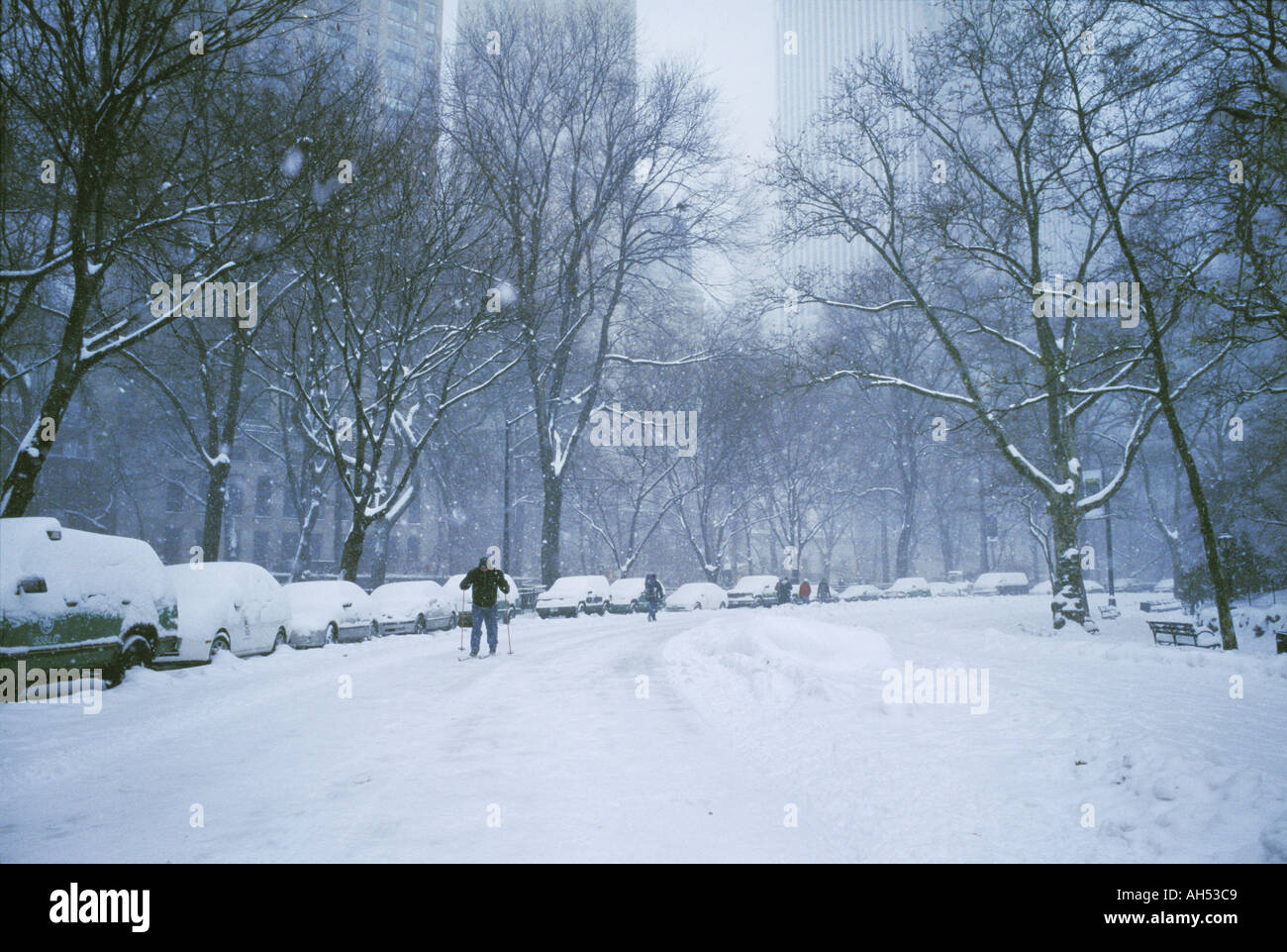 Ein Skifahrer im Central Park in New York während eines Schneesturms im Dezember 2003 Stockfoto