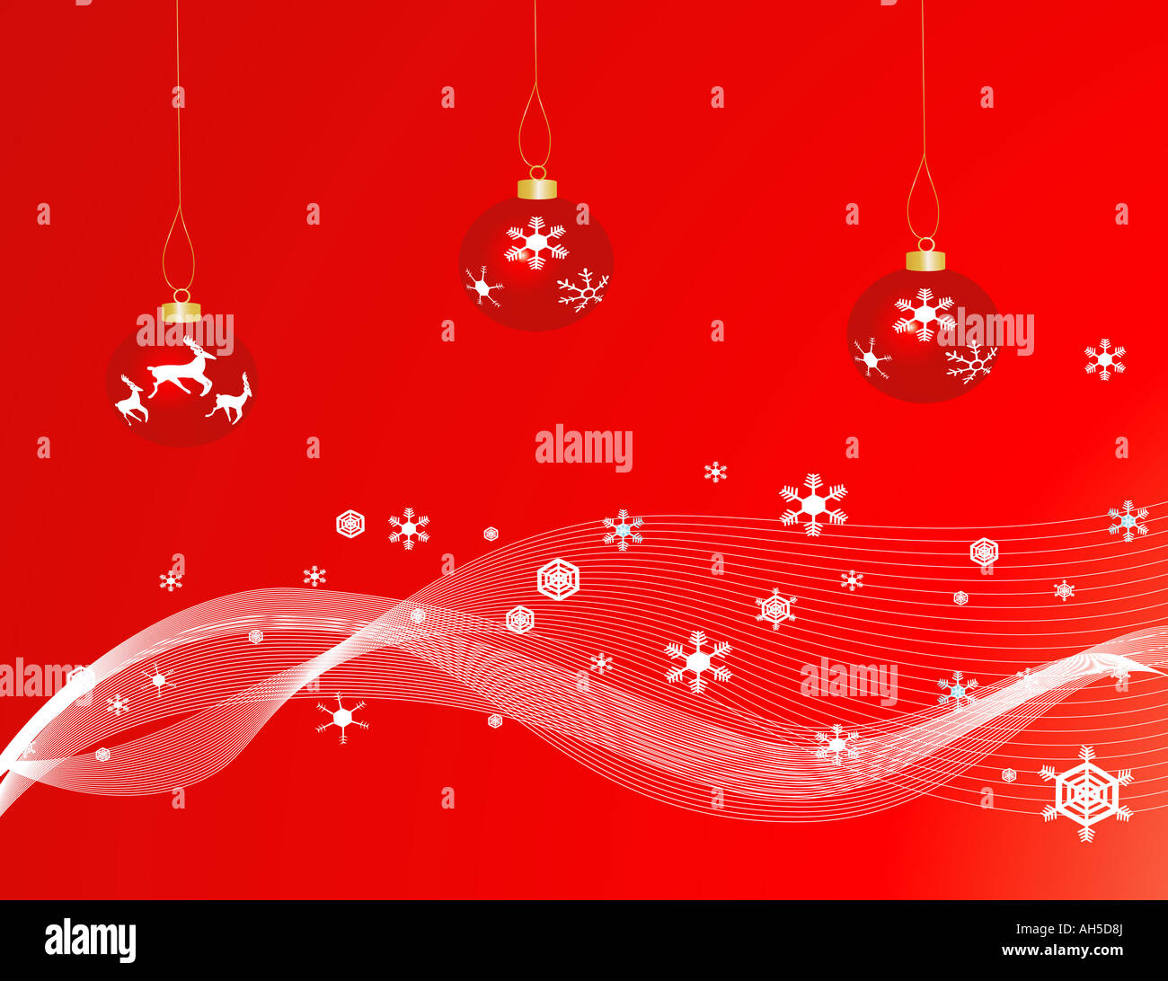Rote Weihnachtskugeln gegen einen roten Hintergrund mit Schneeflocken Stockfoto