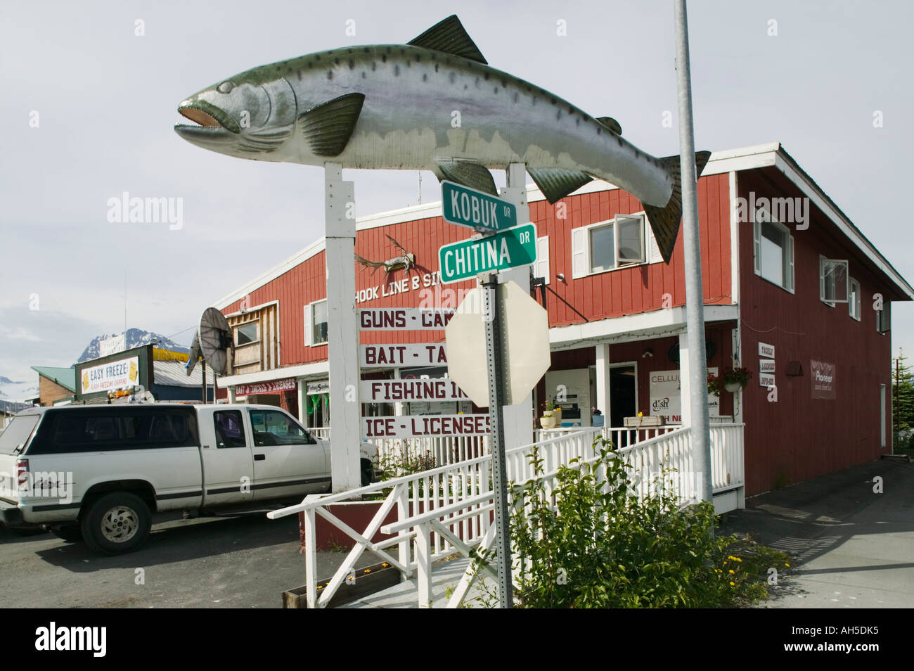Ein Lachsen Zeichen außerhalb einer Jagd- und Angel-Versorgung speichern Valdez Prinz-William-Sund Alaska USA Stockfoto