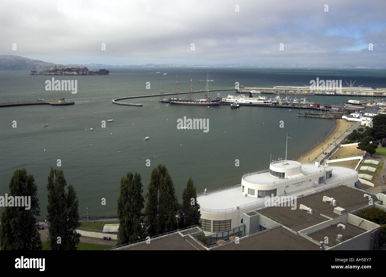 San Francisco CA USA Fishermans Wharf und Alcatraz Stockfoto