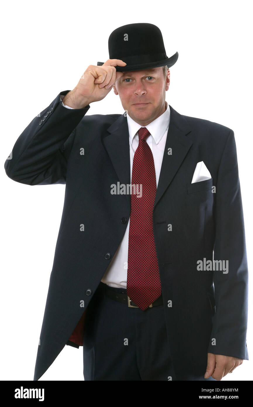 Geschäftsmann in Melone gestikulieren eine Willkommen Stockfoto