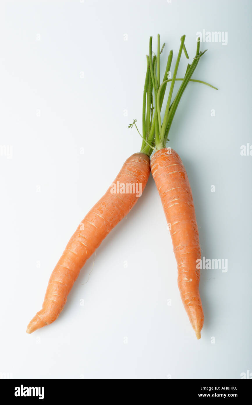 Zwei Karotten auf weißem Hintergrund, paar, paar, Partnerschaft Stockfoto