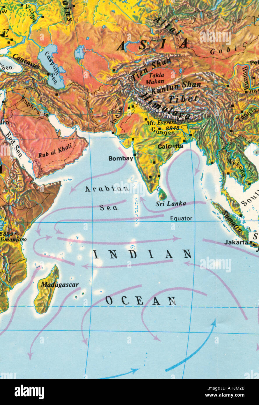 Karte von Indien Asien Indischer Ozean Arabisches Meer Sri Lanka Äquator Madagaskar Tibet Indische Karte Stockfoto