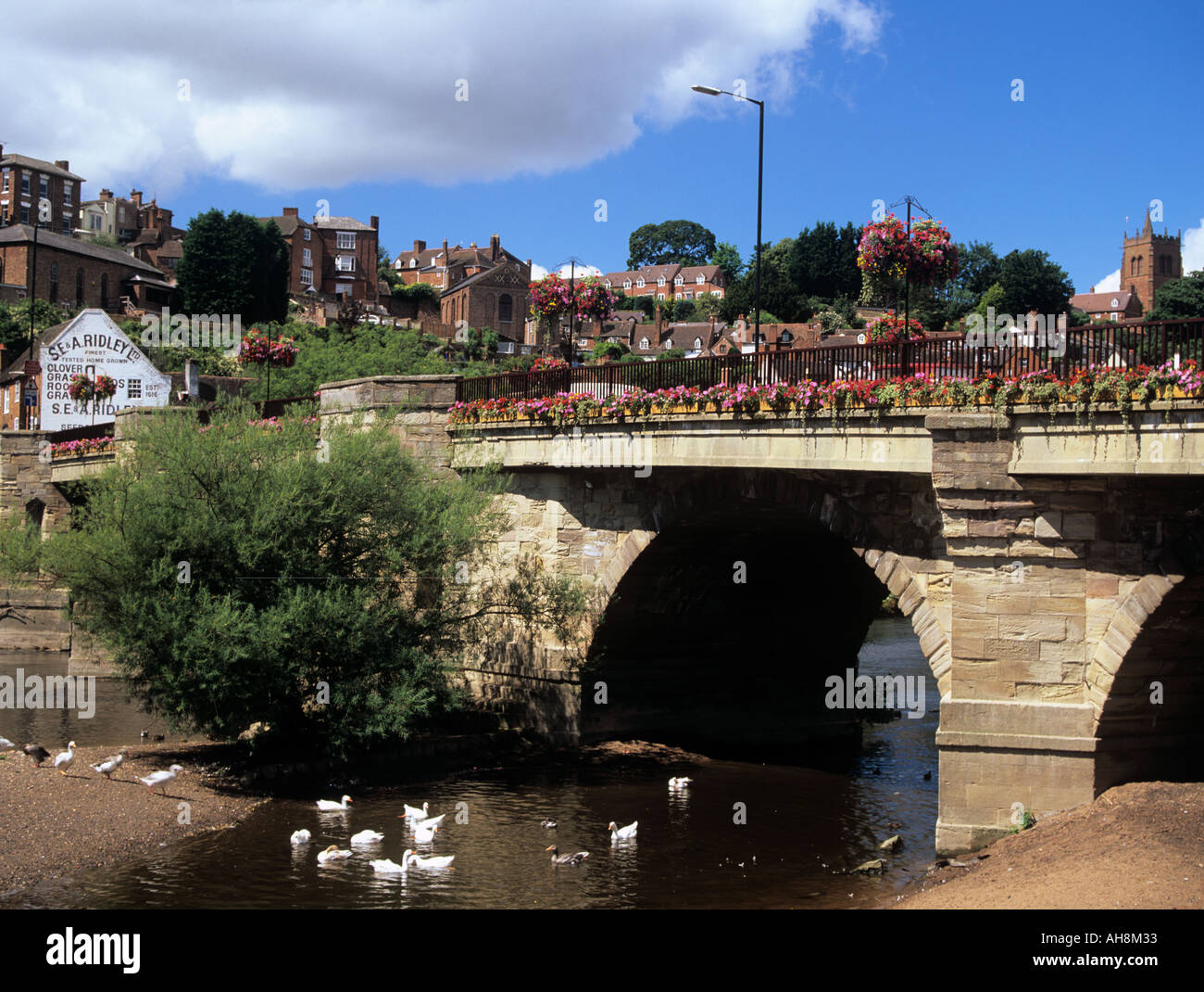 BRIDGNORTH SHROPSHIRE UK August auf der Suche bis zu High-Stadt aus der Multi Englisch Brücke über den Fluss Severn gewölbt Stockfoto