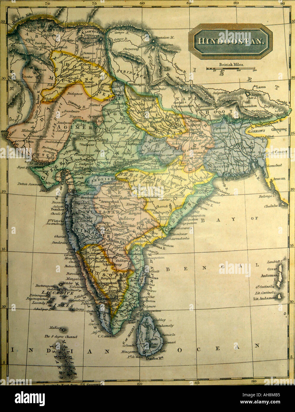Alte Karte von Indien zeigt Hindoostan Indischer Ozean Bucht von